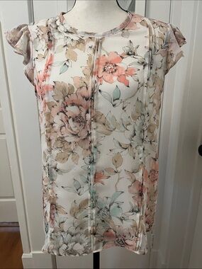 Tommy Hilfiger Poly-Silk Pullover Top Pink Beige on White Floral Flutter Sleeve